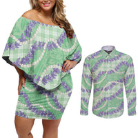 Pastel Green Hawaii Palaka Honohono Pikake Couples Matching Off Shoulder Short Dress and Long Sleeve Button Shirt Hawaiian Orchid Lei Polynesian Pattern LT14 Pastel Green - Polynesian Pride