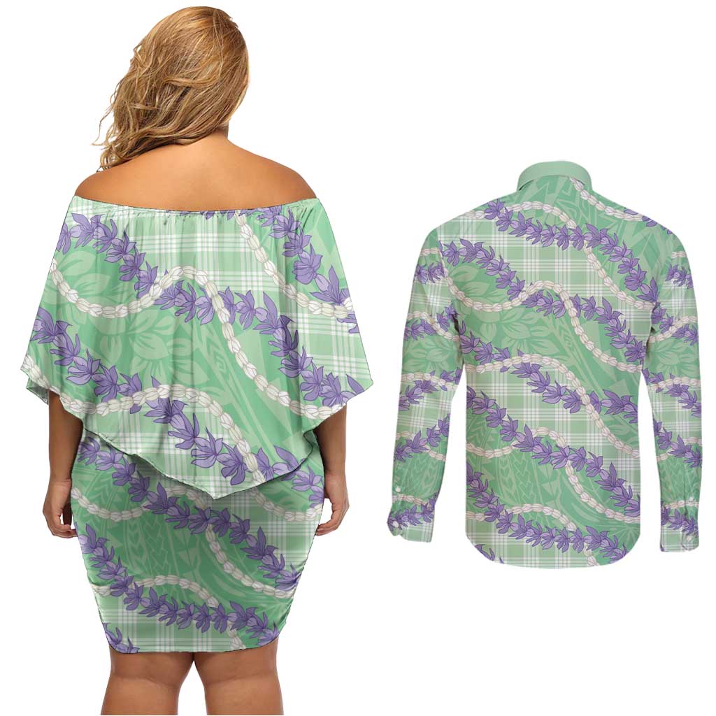 Pastel Green Hawaii Palaka Honohono Pikake Couples Matching Off Shoulder Short Dress and Long Sleeve Button Shirt Hawaiian Orchid Lei Polynesian Pattern LT14 - Polynesian Pride