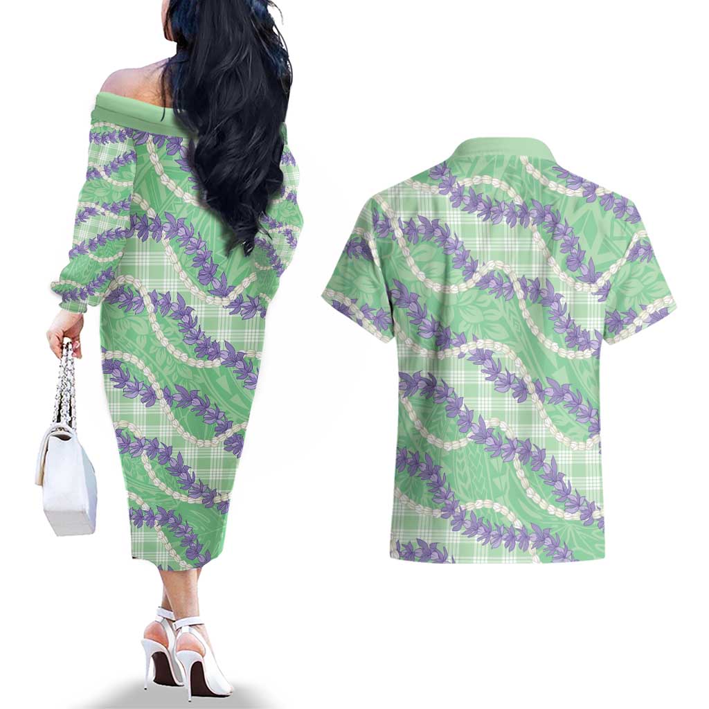 Pastel Green Hawaii Palaka Honohono Pikake Couples Matching Off The Shoulder Long Sleeve Dress and Hawaiian Shirt Hawaiian Orchid Lei Polynesian Pattern LT14 - Polynesian Pride