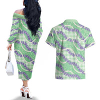 Pastel Green Hawaii Palaka Honohono Pikake Couples Matching Off The Shoulder Long Sleeve Dress and Hawaiian Shirt Hawaiian Orchid Lei Polynesian Pattern LT14 - Polynesian Pride