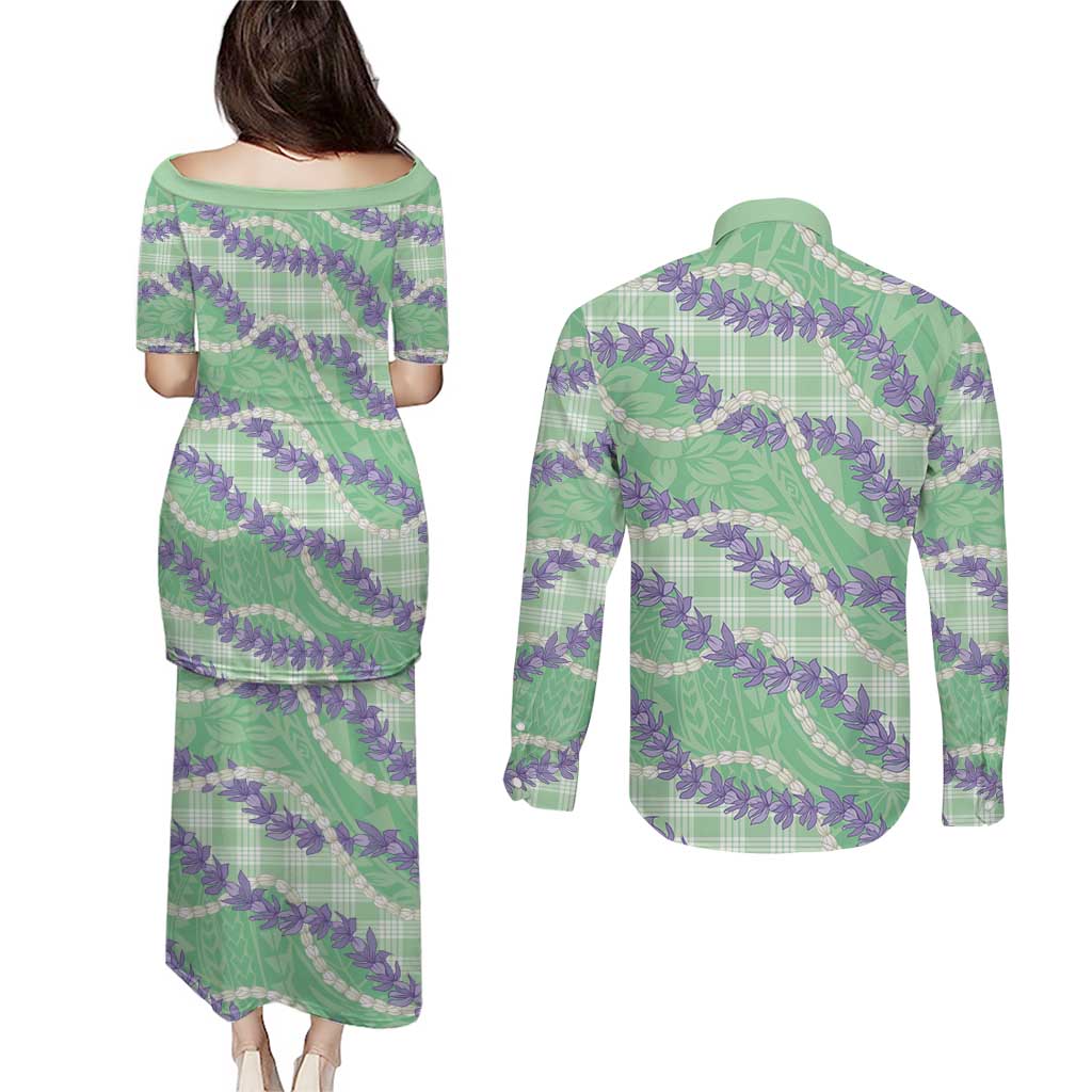 Pastel Green Hawaii Palaka Honohono Pikake Couples Matching Puletasi and Long Sleeve Button Shirt Hawaiian Orchid Lei Polynesian Pattern LT14 - Polynesian Pride