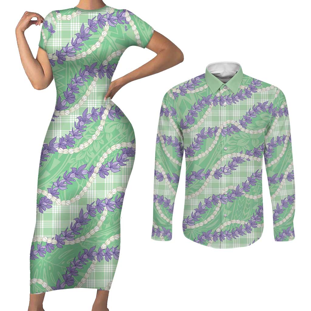 Pastel Green Hawaii Palaka Honohono Pikake Couples Matching Short Sleeve Bodycon Dress and Long Sleeve Button Shirt Hawaiian Orchid Lei Polynesian Pattern LT14 Pastel Green - Polynesian Pride
