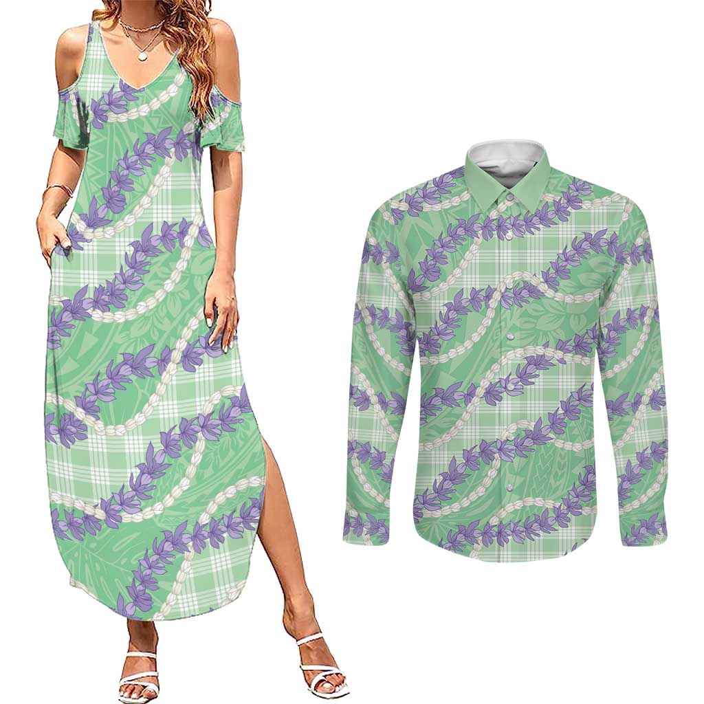 Pastel Green Hawaii Palaka Honohono Pikake Couples Matching Summer Maxi Dress and Long Sleeve Button Shirt Hawaiian Orchid Lei Polynesian Pattern - Polynesian Pride