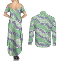 Pastel Green Hawaii Palaka Honohono Pikake Couples Matching Summer Maxi Dress and Long Sleeve Button Shirt Hawaiian Orchid Lei Polynesian Pattern LT14 - Polynesian Pride