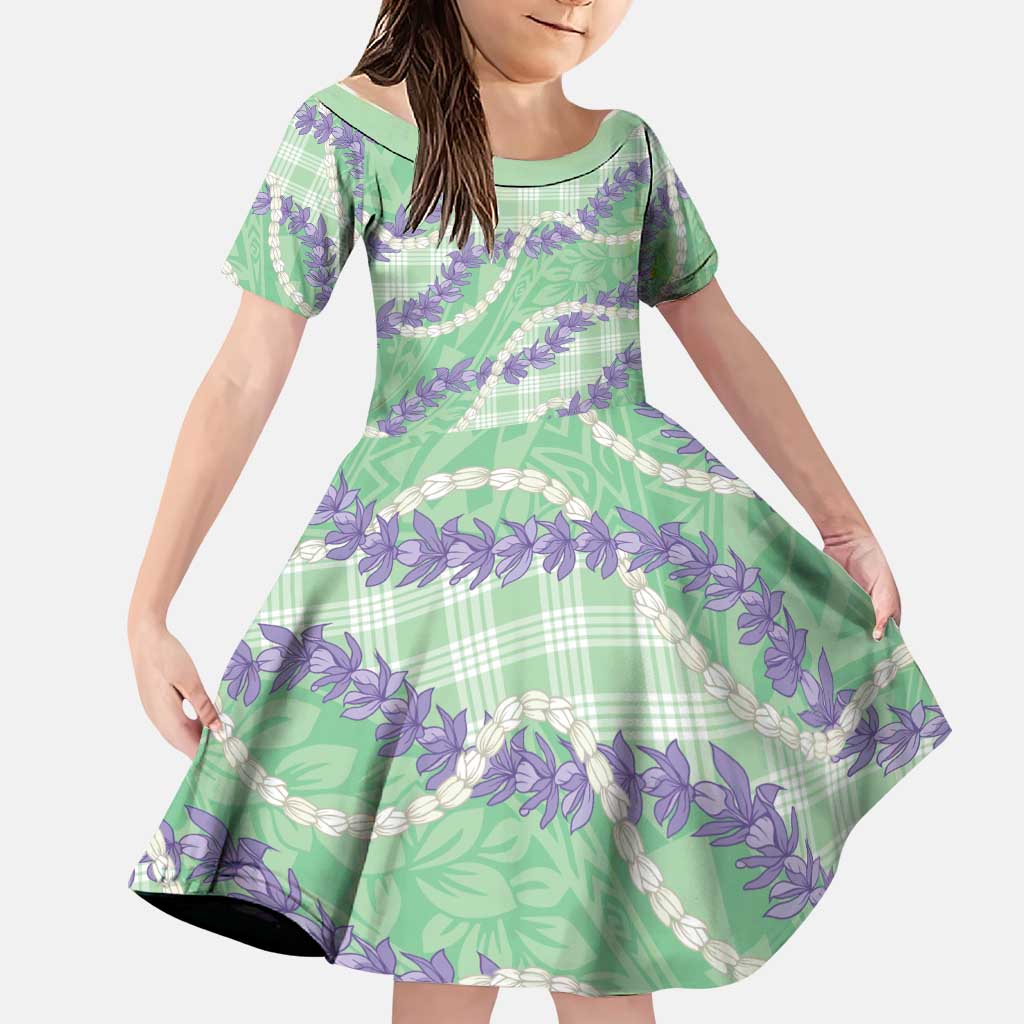 Pastel Green Hawaii Palaka Honohono Pikake Family Matching Long Sleeve Bodycon Dress and Hawaiian Shirt Hawaiian Orchid Lei Polynesian Pattern LT14 Daughter's Dress Pastel Green - Polynesian Pride