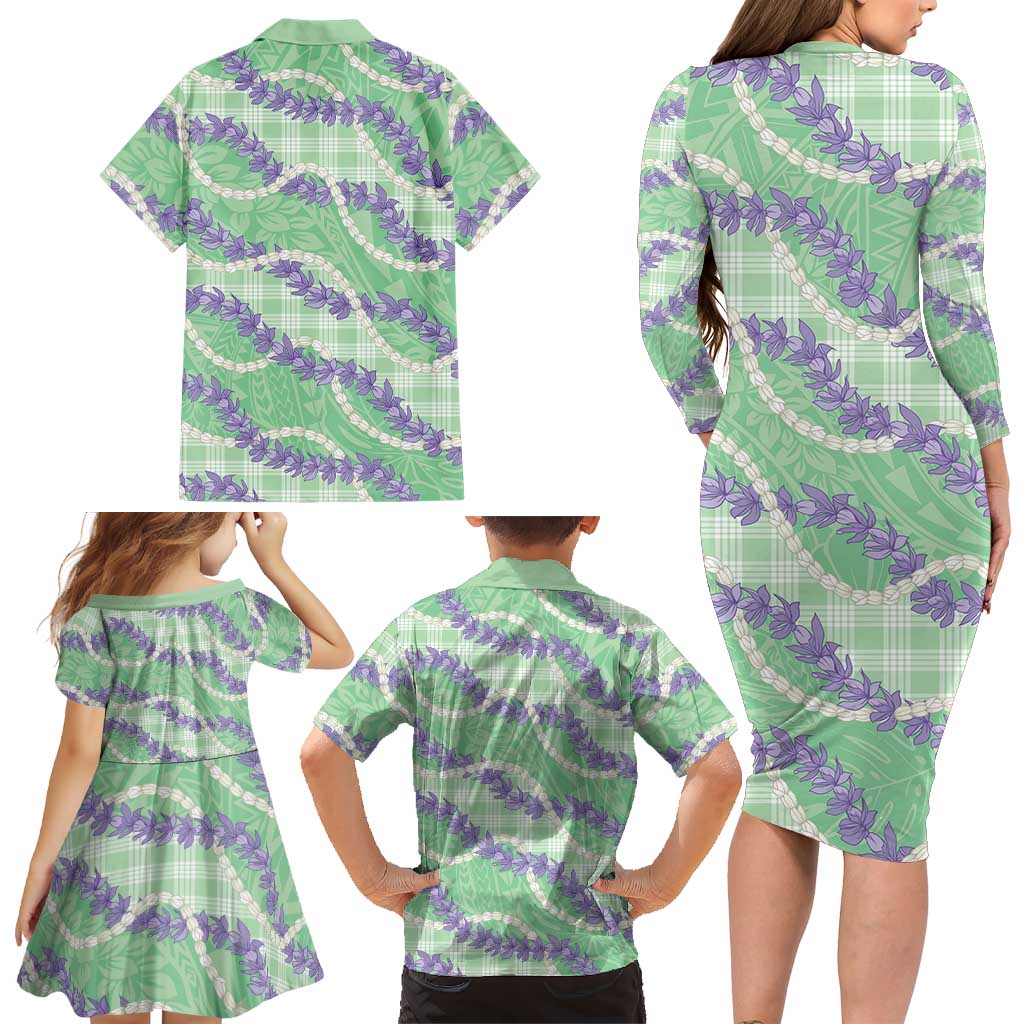 Pastel Green Hawaii Palaka Honohono Pikake Family Matching Long Sleeve Bodycon Dress and Hawaiian Shirt Hawaiian Orchid Lei Polynesian Pattern LT14 - Polynesian Pride