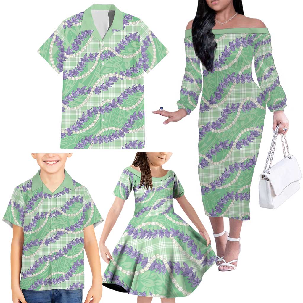 Pastel Green Hawaii Palaka Honohono Pikake Family Matching Off The Shoulder Long Sleeve Dress and Hawaiian Shirt Hawaiian Orchid Lei Polynesian Pattern LT14 - Polynesian Pride