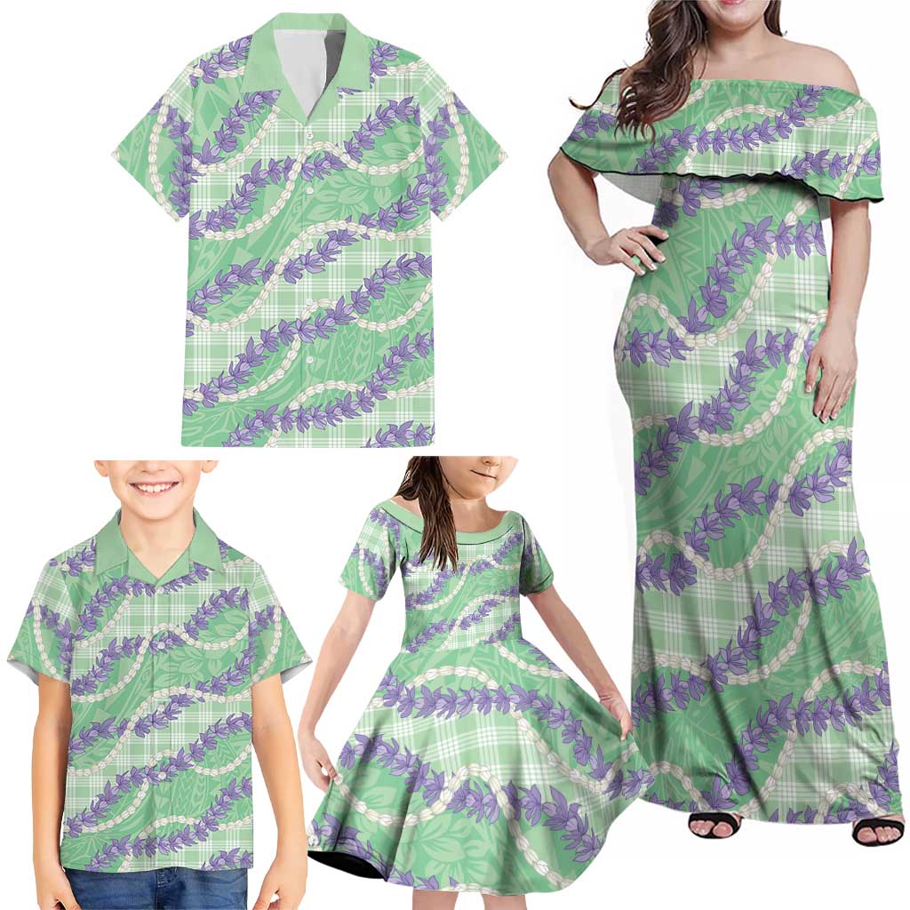 Pastel Green Hawaii Palaka Honohono Pikake Family Matching Off Shoulder Maxi Dress and Hawaiian Shirt Hawaiian Orchid Lei Polynesian Pattern LT14 - Polynesian Pride