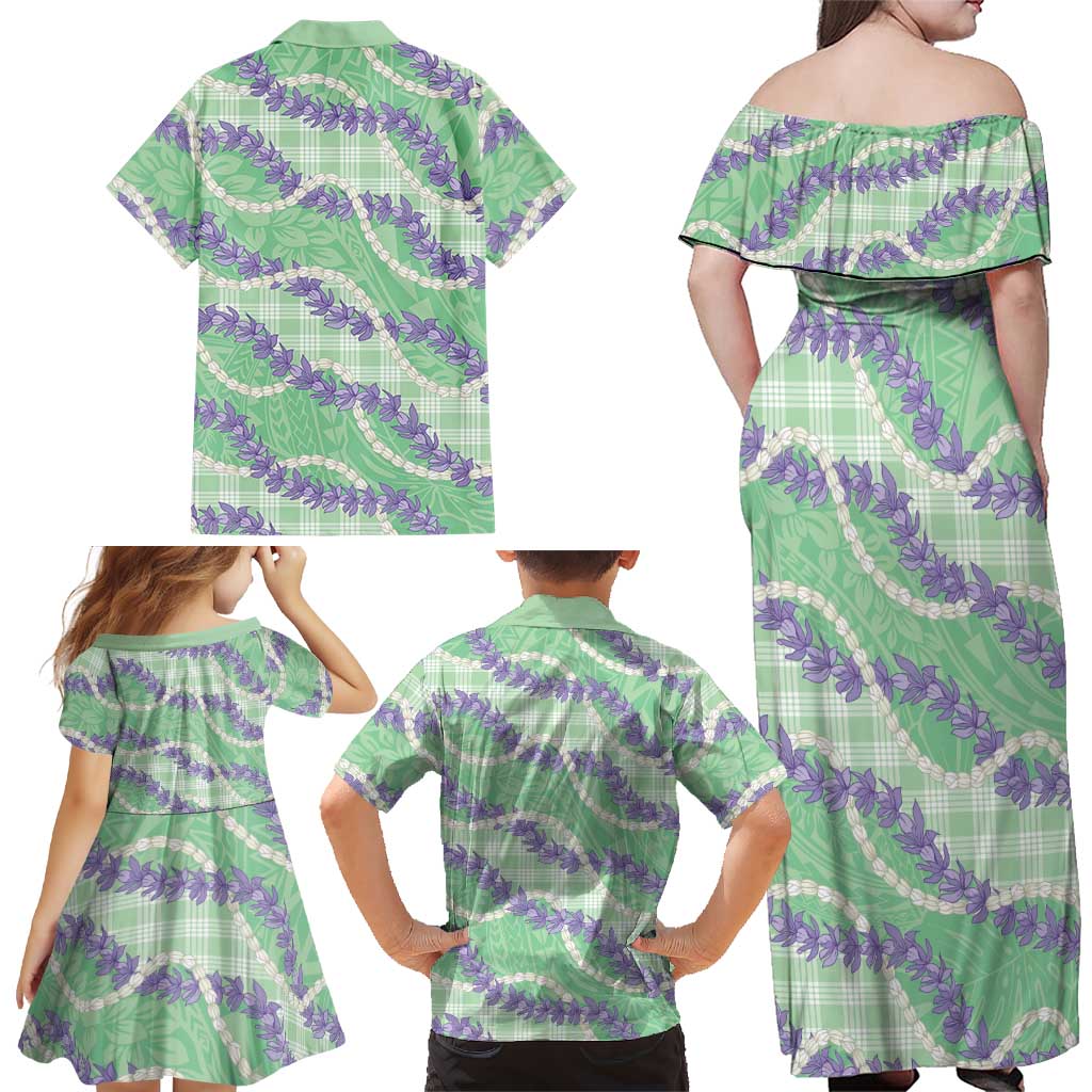 Pastel Green Hawaii Palaka Honohono Pikake Family Matching Off Shoulder Maxi Dress and Hawaiian Shirt Hawaiian Orchid Lei Polynesian Pattern LT14 - Polynesian Pride