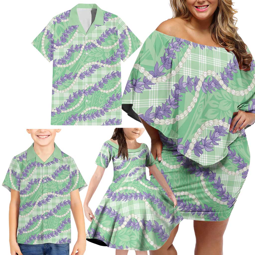 Pastel Green Hawaii Palaka Honohono Pikake Family Matching Off Shoulder Short Dress and Hawaiian Shirt Hawaiian Orchid Lei Polynesian Pattern LT14 - Polynesian Pride