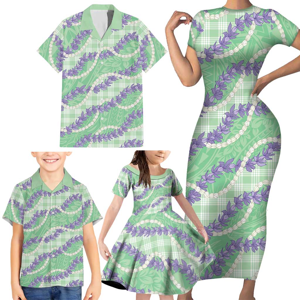 Pastel Green Hawaii Palaka Honohono Pikake Family Matching Short Sleeve Bodycon Dress and Hawaiian Shirt Hawaiian Orchid Lei Polynesian Pattern LT14 - Polynesian Pride
