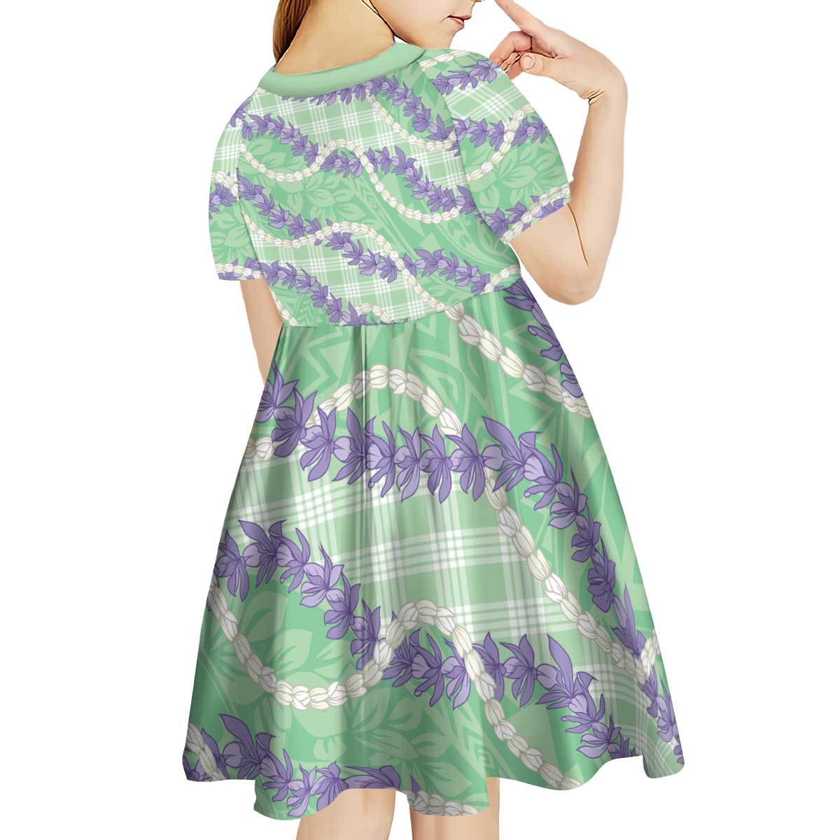 Pastel Green Hawaii Palaka Honohono Pikake Kid Short Sleeve Dress Hawaiian Orchid Lei Polynesian Pattern LT14 - Polynesian Pride