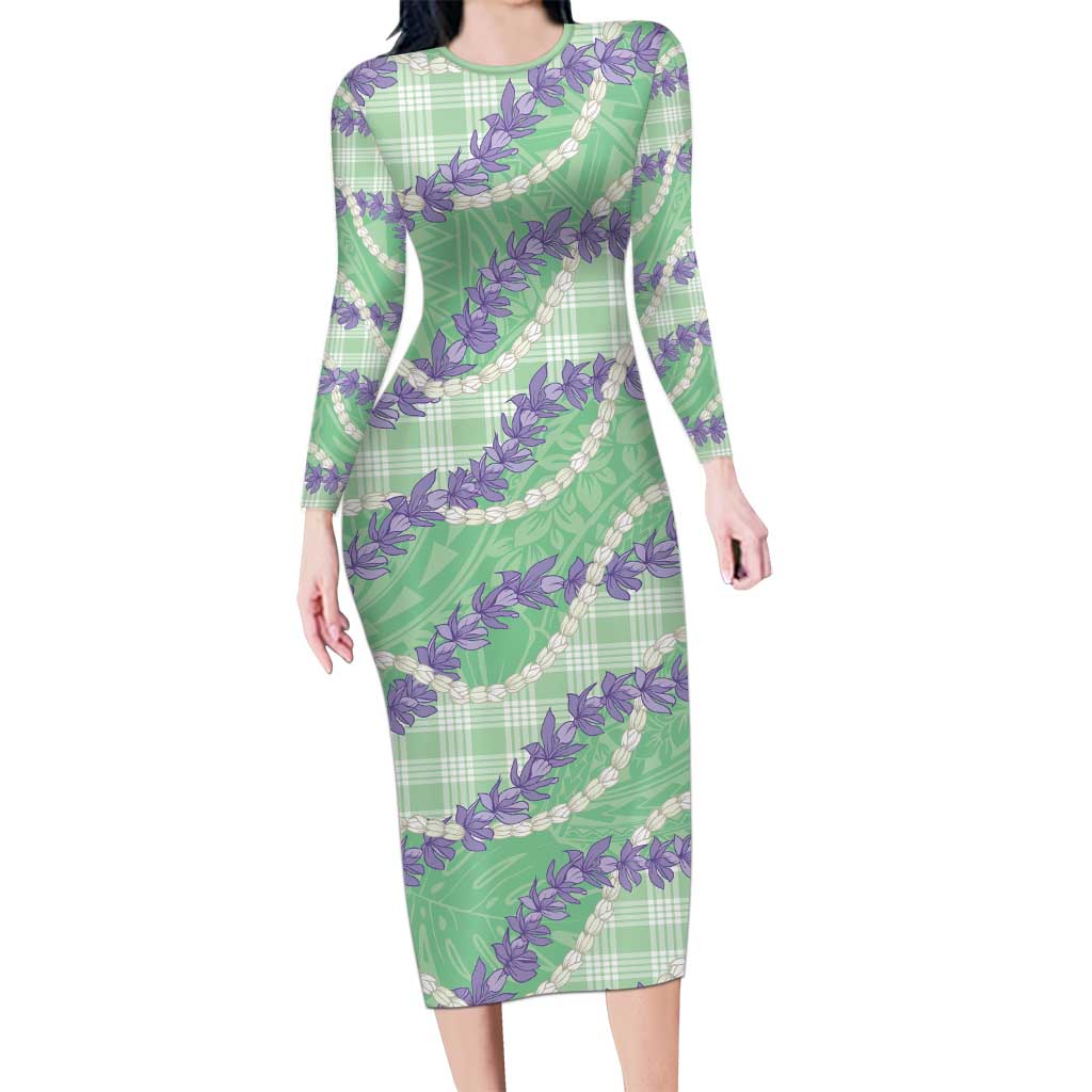 Pastel Green Hawaii Palaka Honohono Pikake Long Sleeve Bodycon Dress Hawaiian Orchid Lei Polynesian Pattern LT14 Long Dress Pastel Green - Polynesian Pride