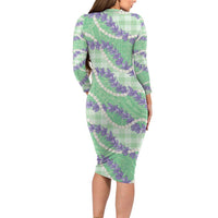 Pastel Green Hawaii Palaka Honohono Pikake Long Sleeve Bodycon Dress Hawaiian Orchid Lei Polynesian Pattern LT14 - Polynesian Pride