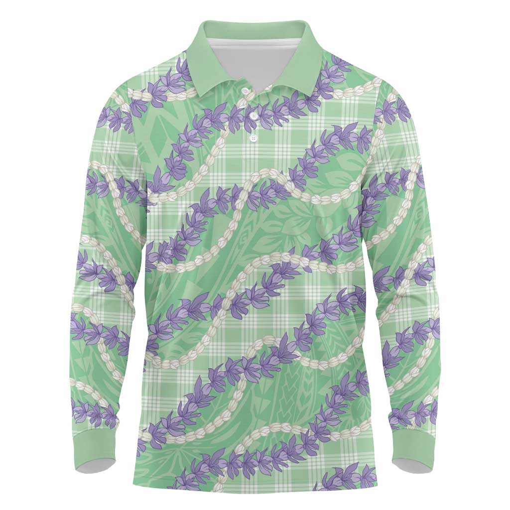 Pastel Green Hawaii Palaka Honohono Pikake Long Sleeve Polo Shirt Hawaiian Orchid Lei Polynesian Pattern LT14 Pastel Green - Polynesian Pride