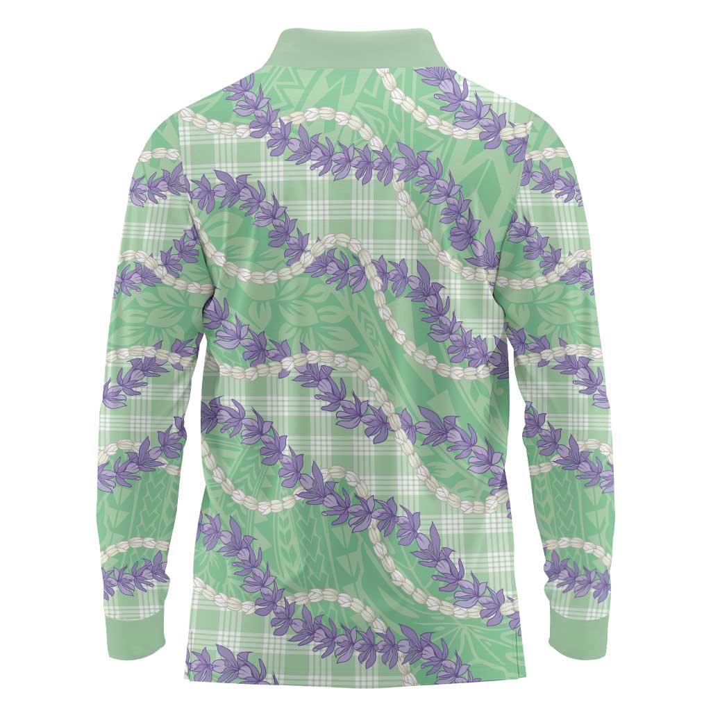 Pastel Green Hawaii Palaka Honohono Pikake Long Sleeve Polo Shirt Hawaiian Orchid Lei Polynesian Pattern LT14 - Polynesian Pride