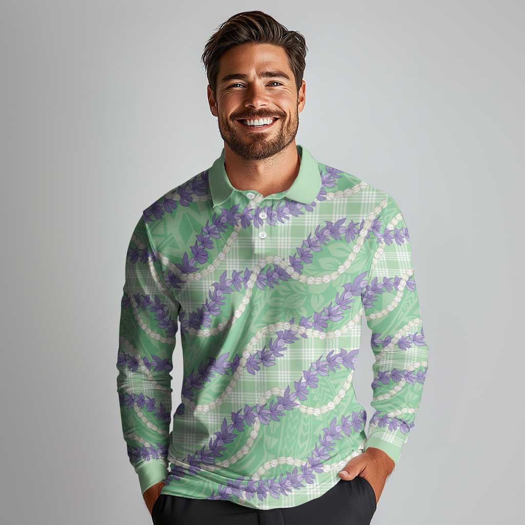Pastel Green Hawaii Palaka Honohono Pikake Long Sleeve Polo Shirt Hawaiian Orchid Lei Polynesian Pattern LT14 - Polynesian Pride