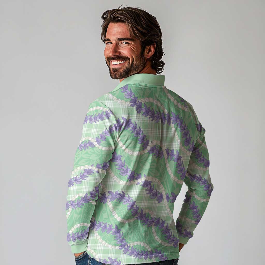 Pastel Green Hawaii Palaka Honohono Pikake Long Sleeve Polo Shirt Hawaiian Orchid Lei Polynesian Pattern LT14 - Polynesian Pride