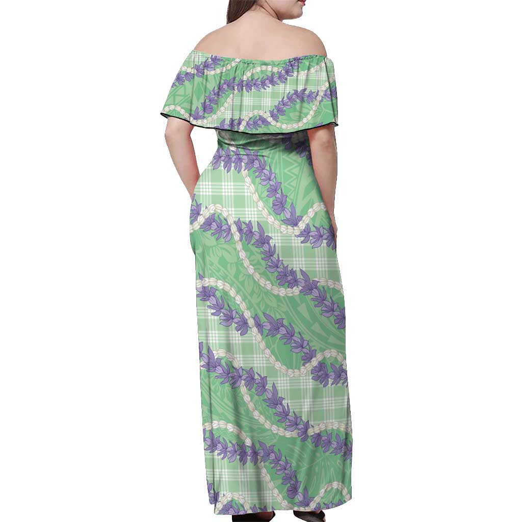 Pastel Green Hawaii Palaka Honohono Pikake Off Shoulder Maxi Dress Hawaiian Orchid Lei Polynesian Pattern LT14 - Polynesian Pride