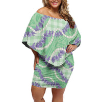 Pastel Green Hawaii Palaka Honohono Pikake Off Shoulder Short Dress Hawaiian Orchid Lei Polynesian Pattern LT14 Women Pastel Green - Polynesian Pride
