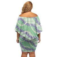 Pastel Green Hawaii Palaka Honohono Pikake Off Shoulder Short Dress Hawaiian Orchid Lei Polynesian Pattern LT14 - Polynesian Pride