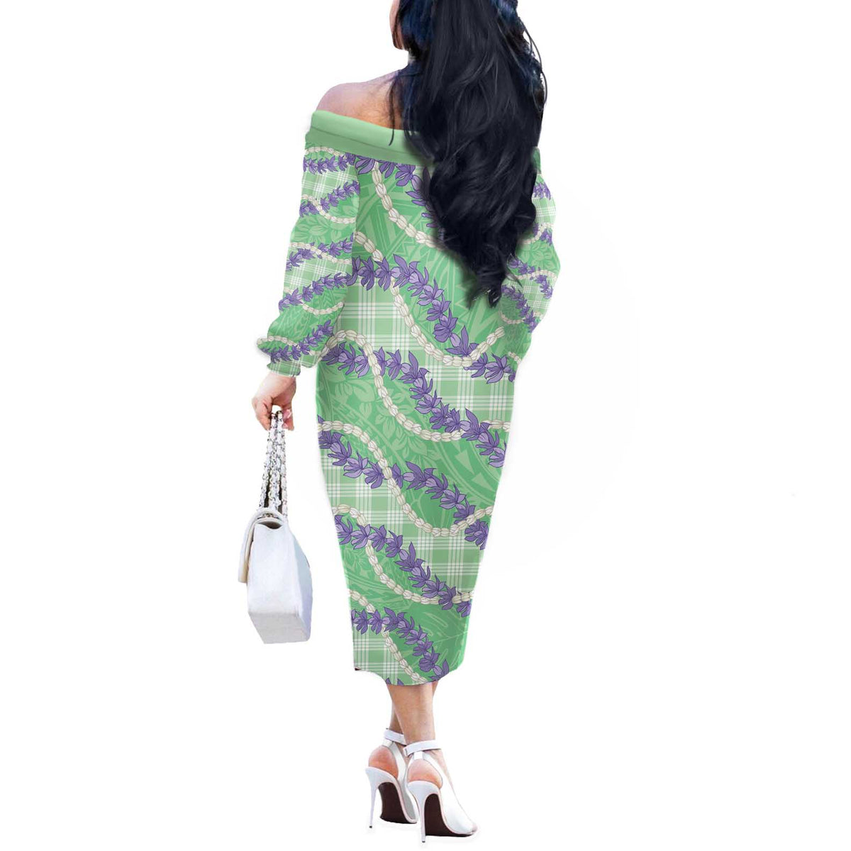 Pastel Green Hawaii Palaka Honohono Pikake Off The Shoulder Long Sleeve Dress Hawaiian Orchid Lei Polynesian Pattern LT14 - Polynesian Pride