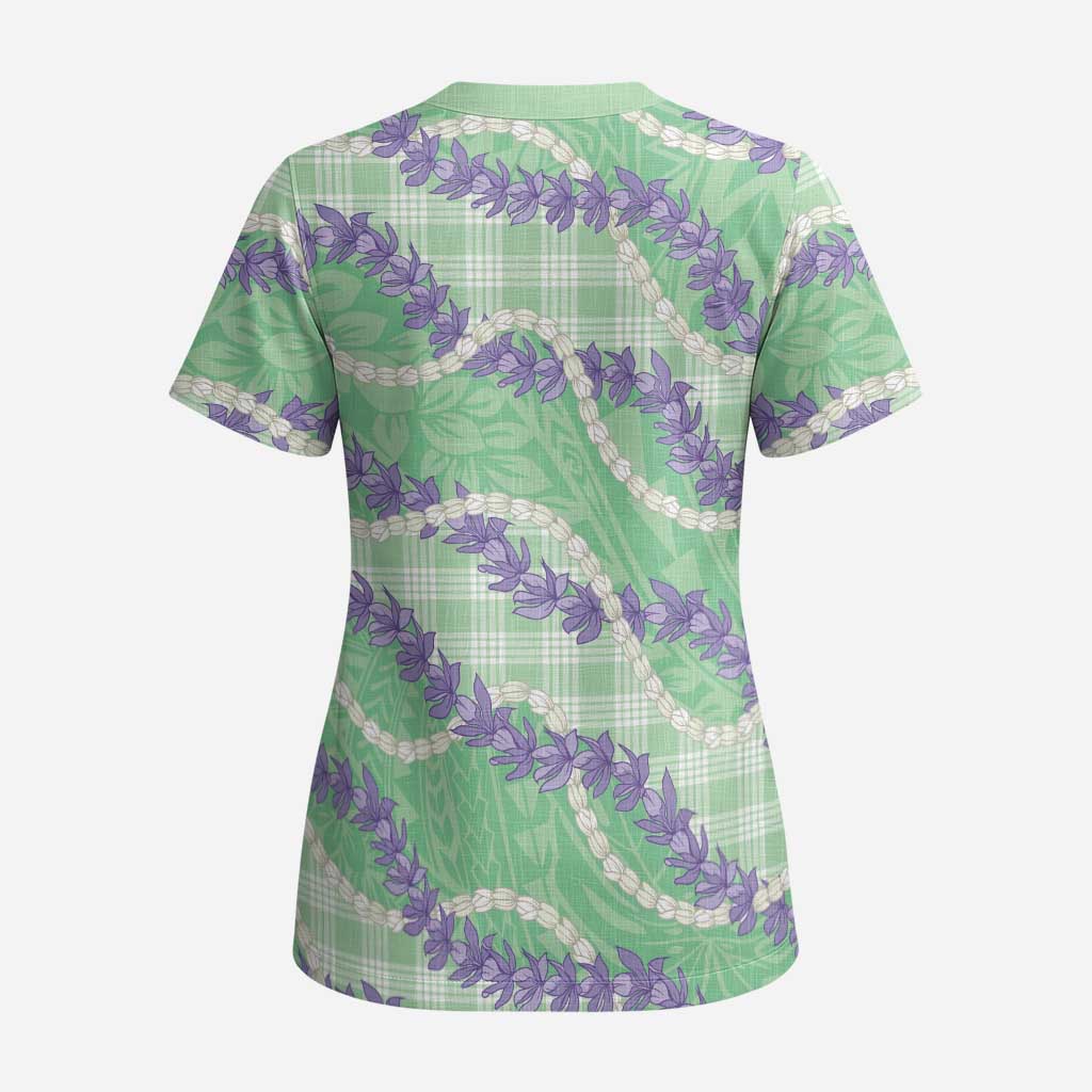 Pastel Green Hawaii Palaka Honohono Pikake Scrub Top Hawaiian Orchid Lei Polynesian Pattern LT14 - Polynesian Pride
