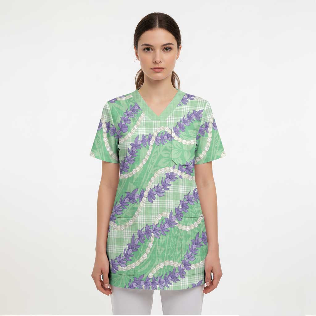 Pastel Green Hawaii Palaka Honohono Pikake Scrub Top Hawaiian Orchid Lei Polynesian Pattern LT14 - Polynesian Pride