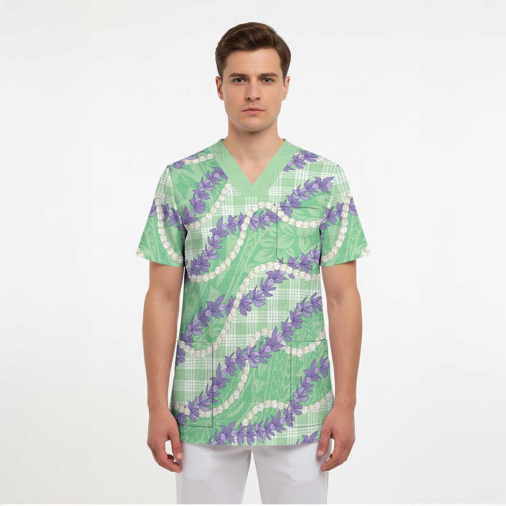 Pastel Green Hawaii Palaka Honohono Pikake Scrub Top Hawaiian Orchid Lei Polynesian Pattern LT14 - Polynesian Pride