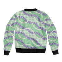 Pastel Green Hawaii Palaka Honohono Pikake Sleeve Zip Bomber Jacket Hawaiian Orchid Lei Polynesian Pattern - Polynesian Pride