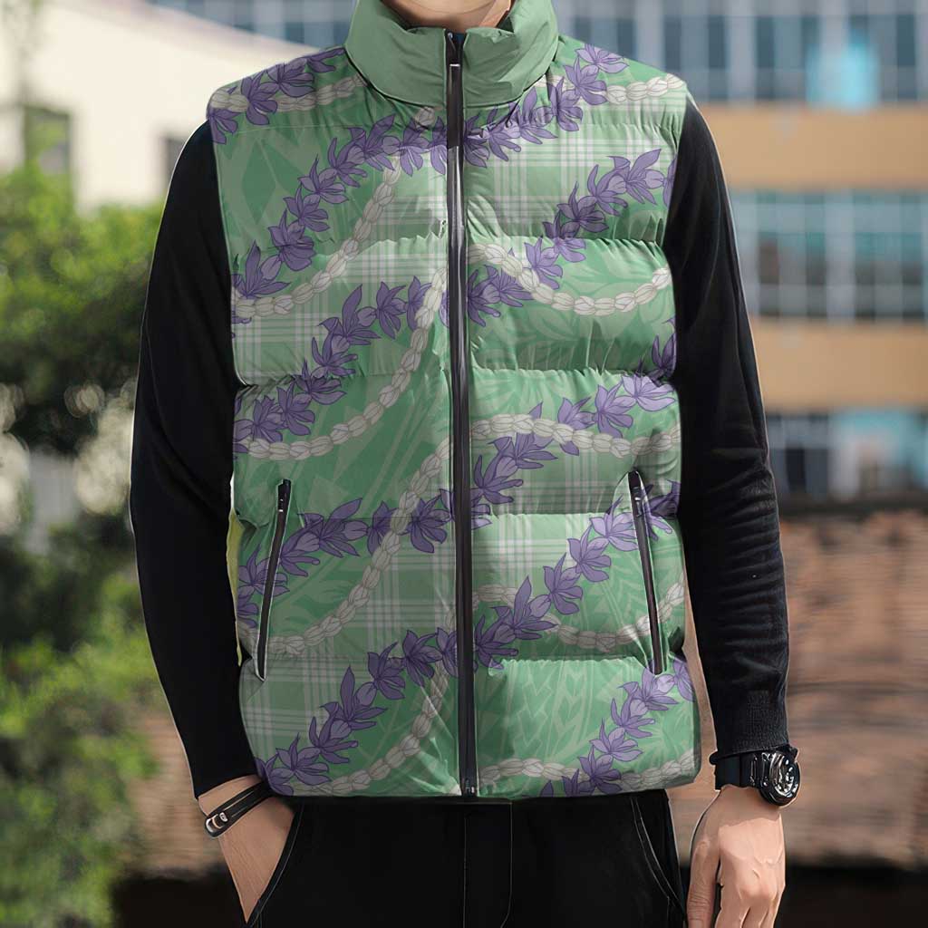 Pastel Green Hawaii Palaka Honohono Pikake Sleeveless Puffer Jacket Hawaiian Orchid Lei Polynesian Pattern - Polynesian Pride