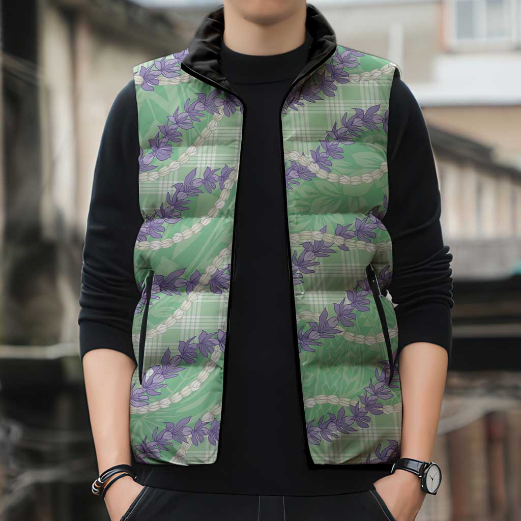 Pastel Green Hawaii Palaka Honohono Pikake Sleeveless Puffer Jacket Hawaiian Orchid Lei Polynesian Pattern - Polynesian Pride