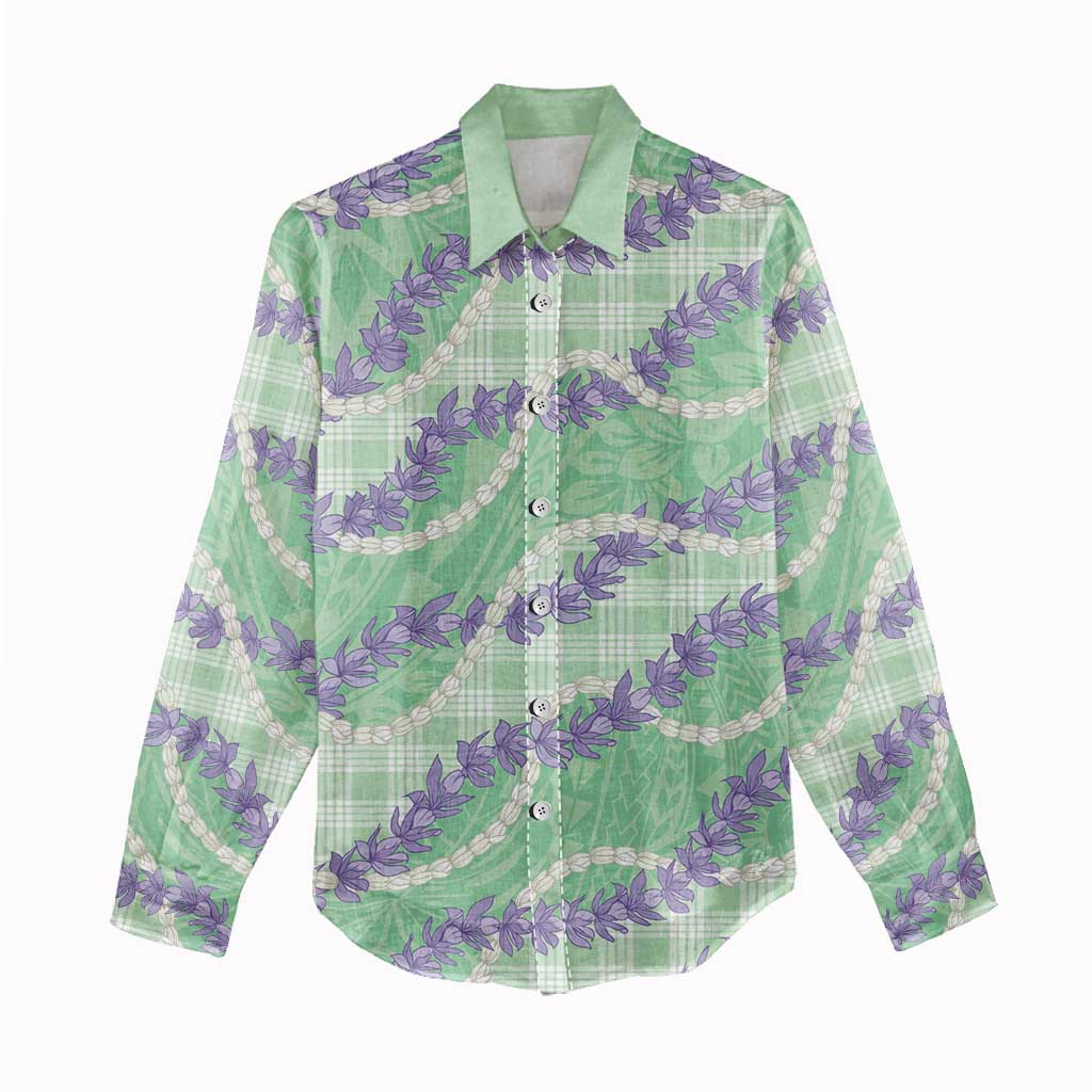 Pastel Green Hawaii Palaka Honohono Pikake Women Casual Shirt Hawaiian Orchid Lei Polynesian Pattern - Polynesian Pride