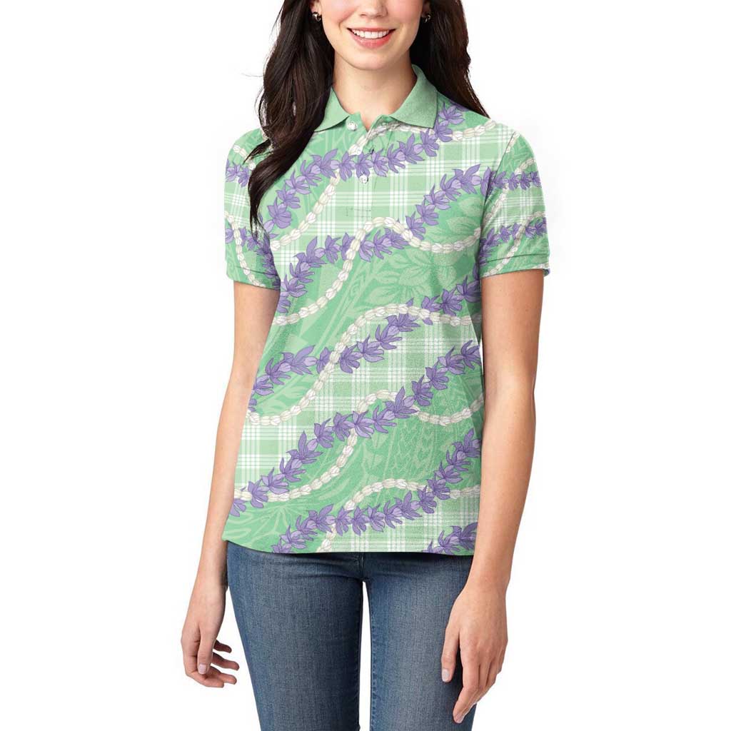 Pastel Green Hawaii Palaka Honohono Pikake Women Polo Shirt Hawaiian Orchid Lei Polynesian Pattern - Polynesian Pride