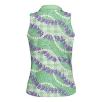 Pastel Green Hawaii Palaka Honohono Pikake Women Sleeveless Polo Shirt Hawaiian Orchid Lei Polynesian Pattern LT14 - Polynesian Pride