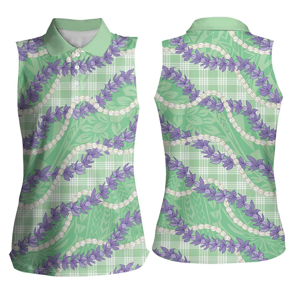 Pastel Green Hawaii Palaka Honohono Pikake Women Sleeveless Polo Shirt Hawaiian Orchid Lei Polynesian Pattern LT14 - Polynesian Pride