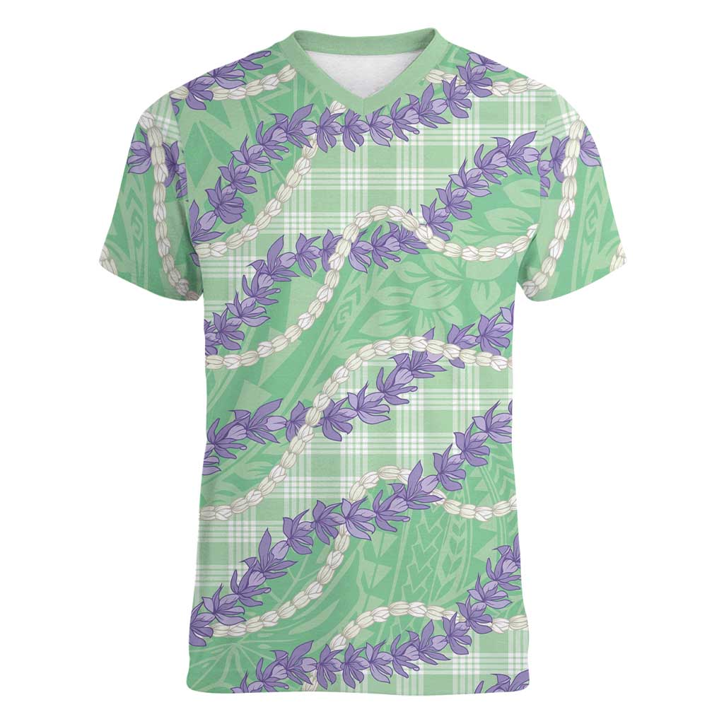 Pastel Green Hawaii Palaka Honohono Pikake Women V-Neck T-Shirt Hawaiian Orchid Lei Polynesian Pattern LT14 Female Pastel Green - Polynesian Pride