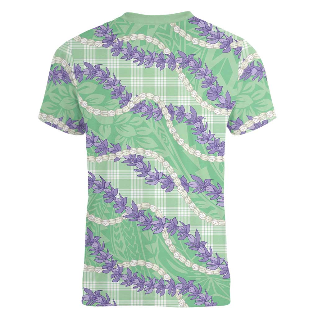 Pastel Green Hawaii Palaka Honohono Pikake Women V-Neck T-Shirt Hawaiian Orchid Lei Polynesian Pattern LT14 - Polynesian Pride