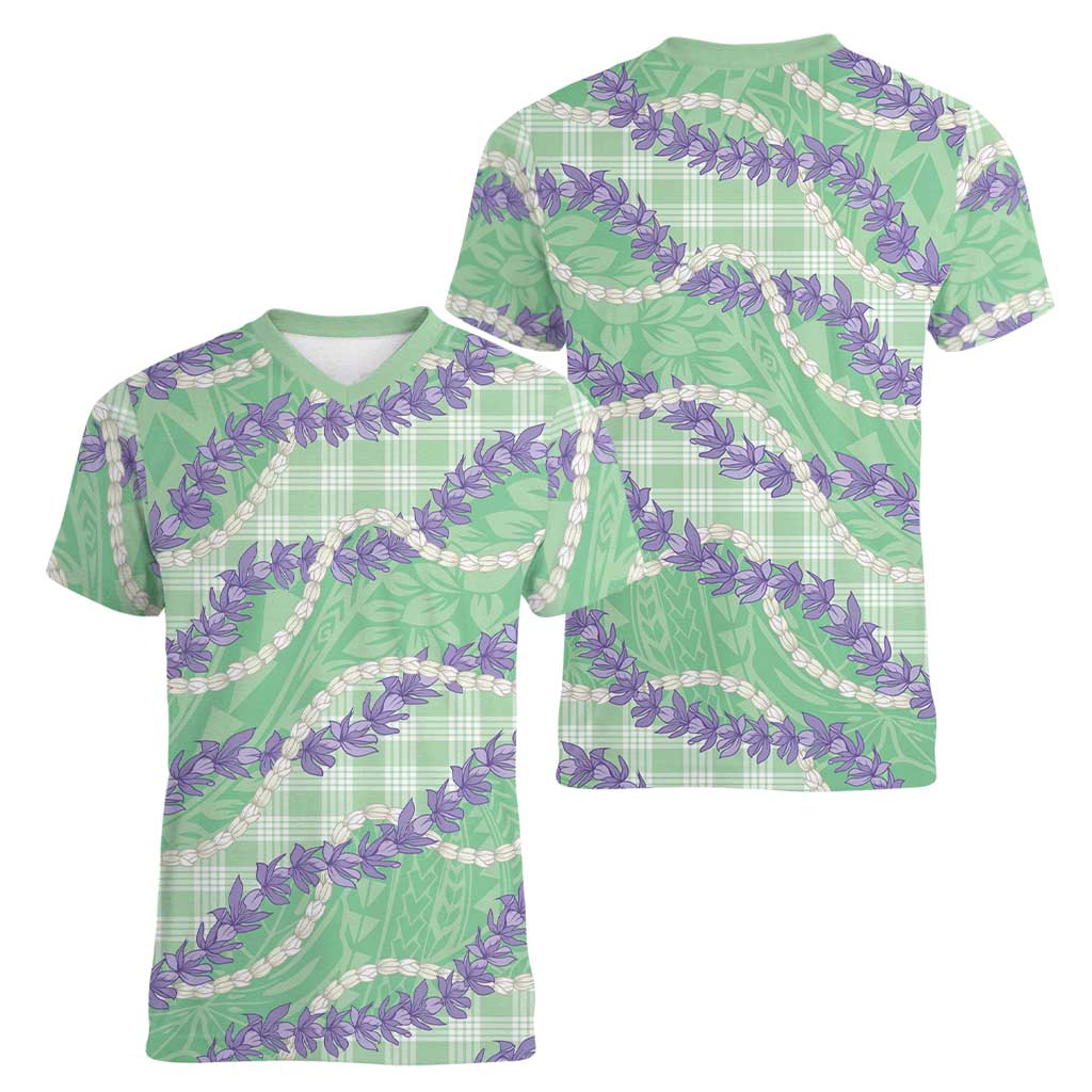 Pastel Green Hawaii Palaka Honohono Pikake Women V-Neck T-Shirt Hawaiian Orchid Lei Polynesian Pattern LT14 - Polynesian Pride