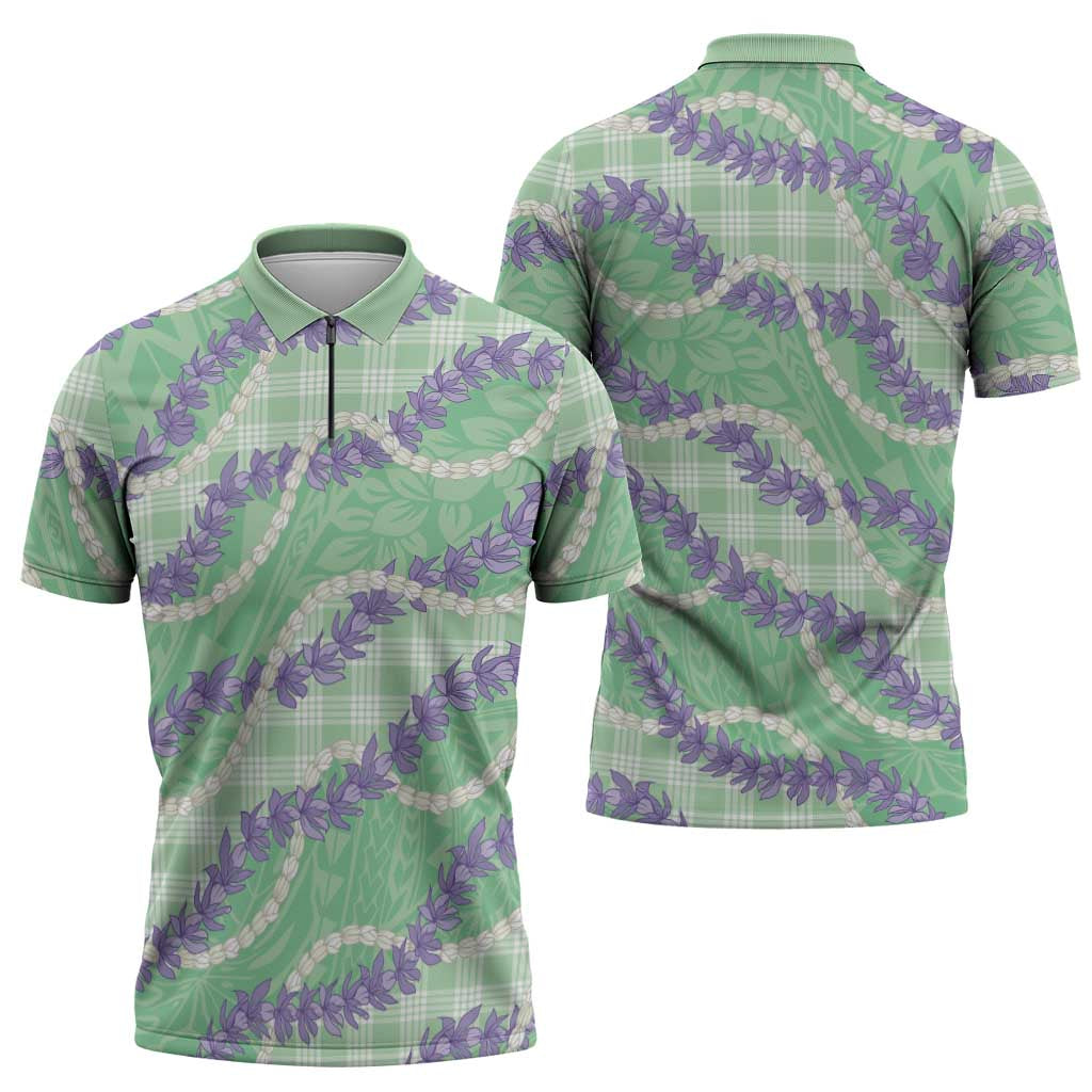 Pastel Green Hawaii Palaka Honohono Pikake Zipper Polo Shirt Hawaiian Orchid Lei Polynesian Pattern LT14 - Polynesian Pride