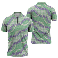 Pastel Green Hawaii Palaka Honohono Pikake Zipper Polo Shirt Hawaiian Orchid Lei Polynesian Pattern LT14 - Polynesian Pride