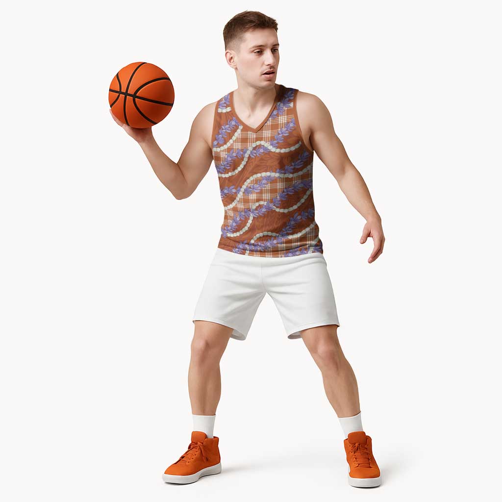 Orange Hawaii Palaka Honohono Pikake Basketball Jersey Hawaiian Orchid Lei Polynesian Pattern - Polynesian Pride