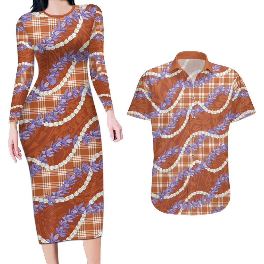 Orange Hawaii Palaka Honohono Pikake Couples Matching Long Sleeve Bodycon Dress and Hawaiian Shirt Hawaiian Orchid Lei Polynesian Pattern LT14 Orange - Polynesian Pride
