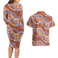 Orange Hawaii Palaka Honohono Pikake Couples Matching Long Sleeve Bodycon Dress and Hawaiian Shirt Hawaiian Orchid Lei Polynesian Pattern LT14 - Polynesian Pride