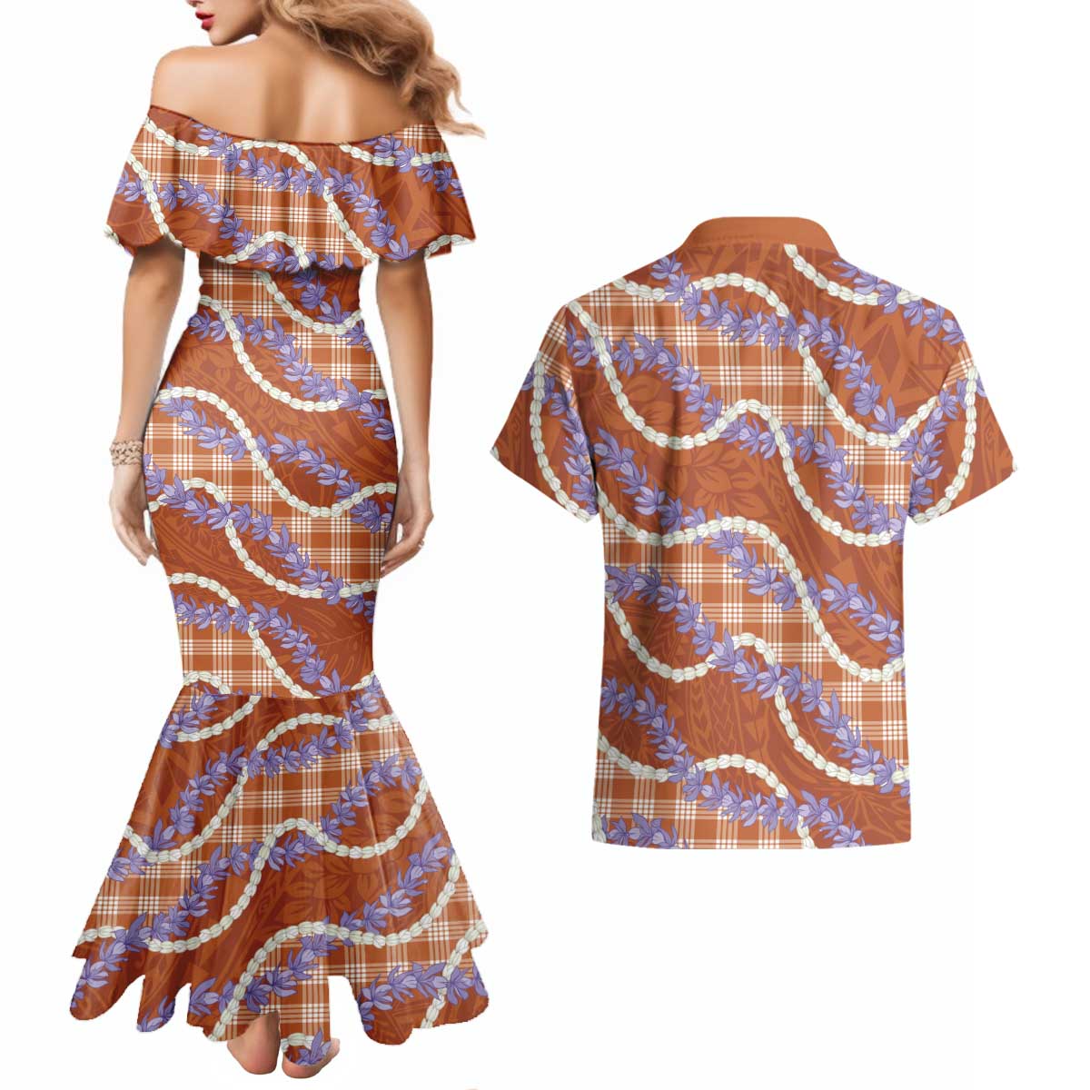 Orange Hawaii Palaka Honohono Pikake Couples Matching Mermaid Dress and Hawaiian Shirt Hawaiian Orchid Lei Polynesian Pattern LT14 - Polynesian Pride