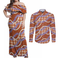 Orange Hawaii Palaka Honohono Pikake Couples Matching Off Shoulder Maxi Dress and Long Sleeve Button Shirt Hawaiian Orchid Lei Polynesian Pattern LT14 Orange - Polynesian Pride