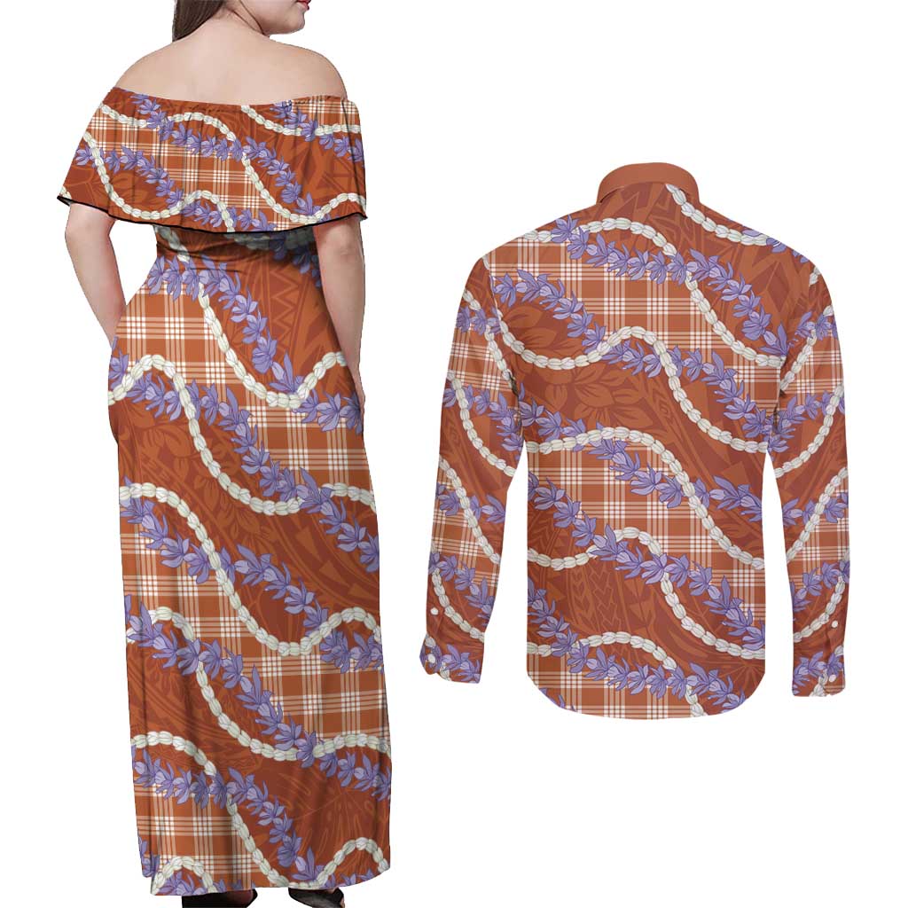 Orange Hawaii Palaka Honohono Pikake Couples Matching Off Shoulder Maxi Dress and Long Sleeve Button Shirt Hawaiian Orchid Lei Polynesian Pattern LT14 - Polynesian Pride
