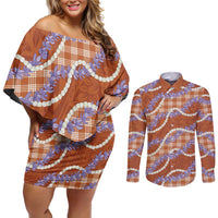 Orange Hawaii Palaka Honohono Pikake Couples Matching Off Shoulder Short Dress and Long Sleeve Button Shirt Hawaiian Orchid Lei Polynesian Pattern LT14 Orange - Polynesian Pride