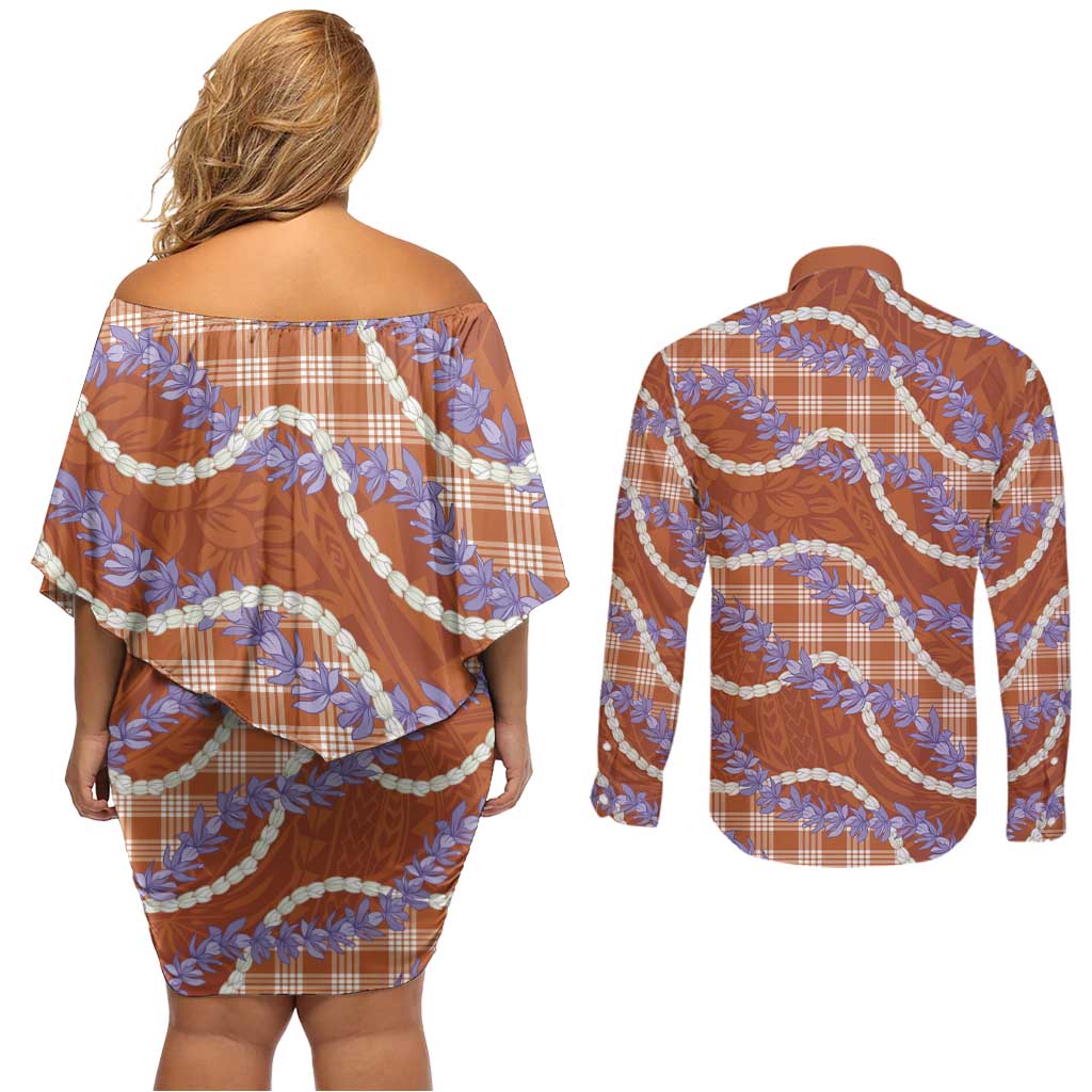 Orange Hawaii Palaka Honohono Pikake Couples Matching Off Shoulder Short Dress and Long Sleeve Button Shirt Hawaiian Orchid Lei Polynesian Pattern LT14 - Polynesian Pride