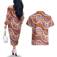 Orange Hawaii Palaka Honohono Pikake Couples Matching Off The Shoulder Long Sleeve Dress and Hawaiian Shirt Hawaiian Orchid Lei Polynesian Pattern LT14 - Polynesian Pride
